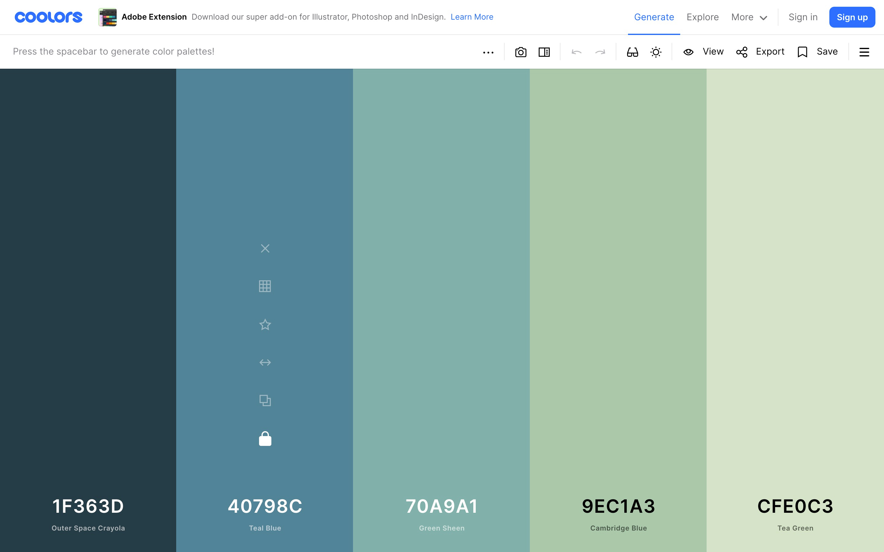 The Coolors web interface showing a randomly generated palette