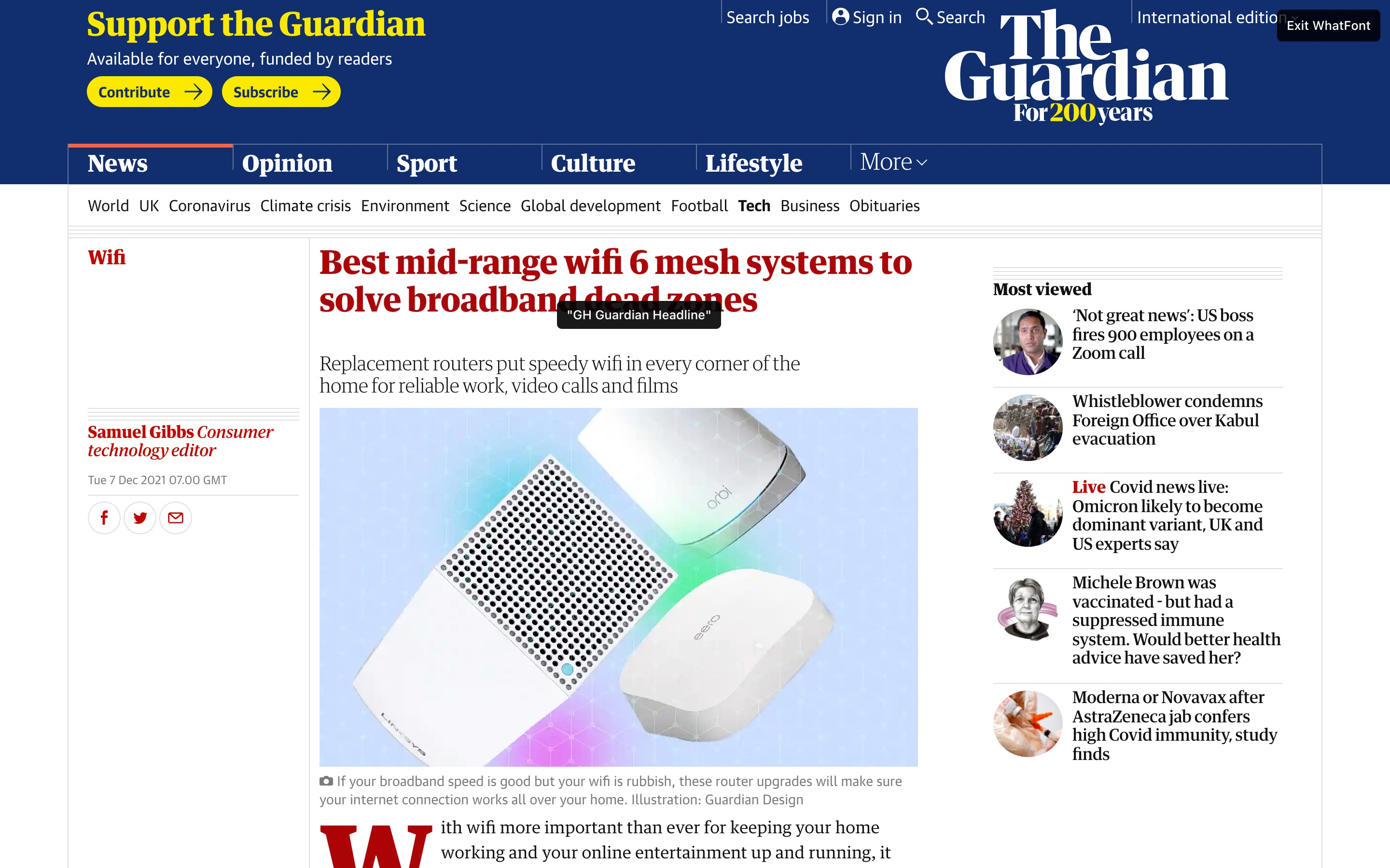 The Whatfont plugin in use on The Guardian's website