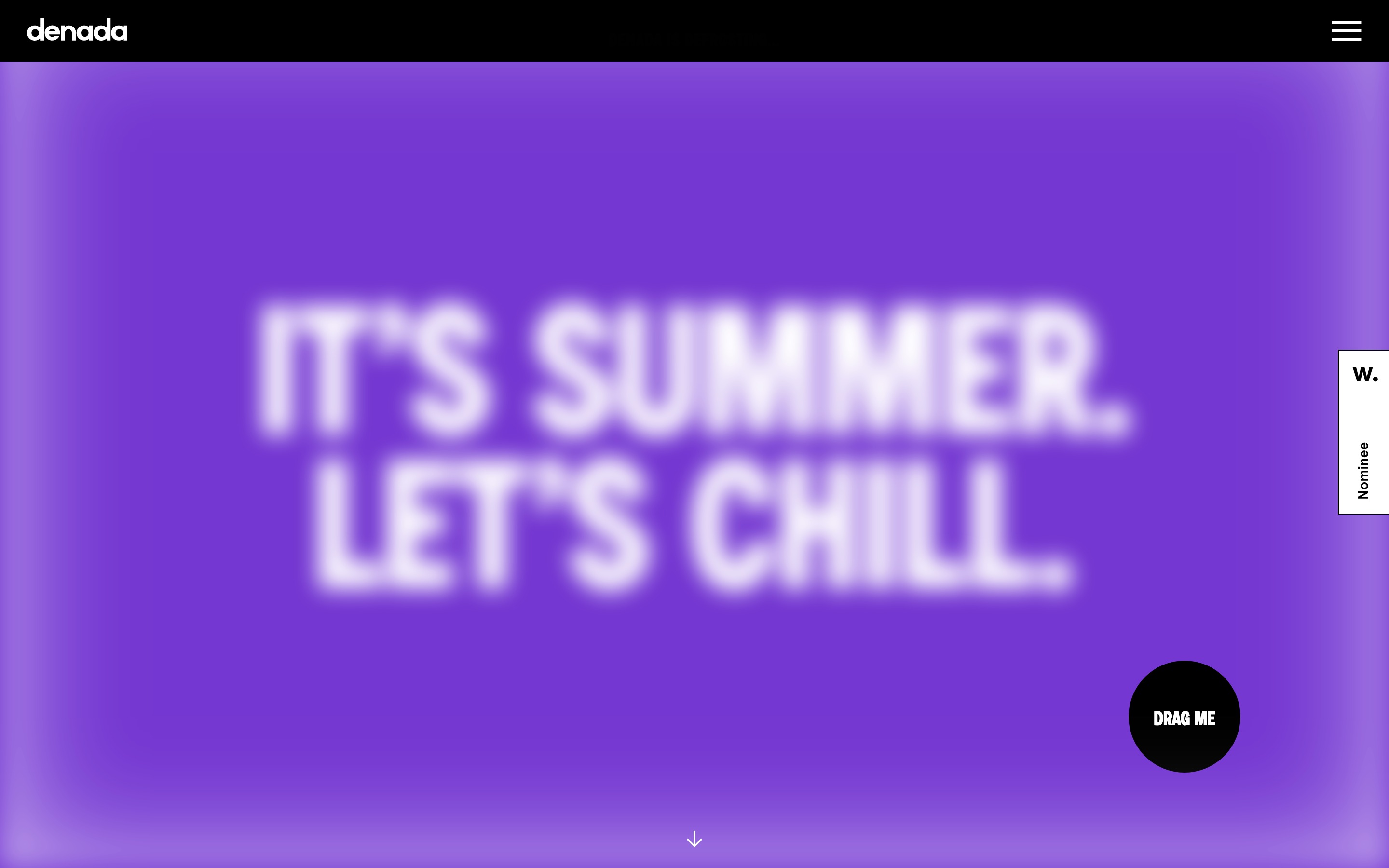 Interactive homepage designin bright purple where users drag through the frosted overlay to reveal the text "its summer lets chill".
