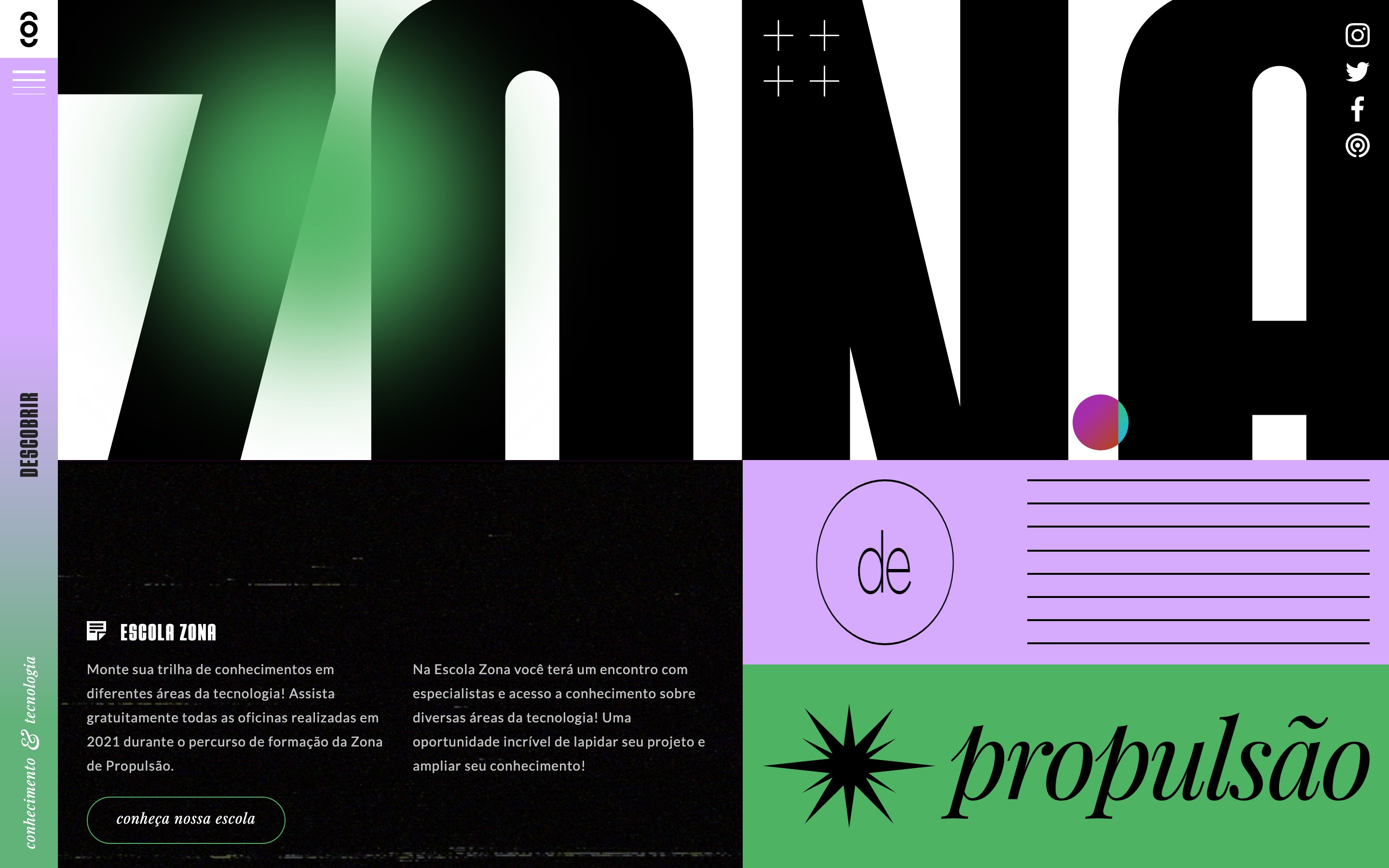 Brutalist style typographic homepage in black, neon green and purple.