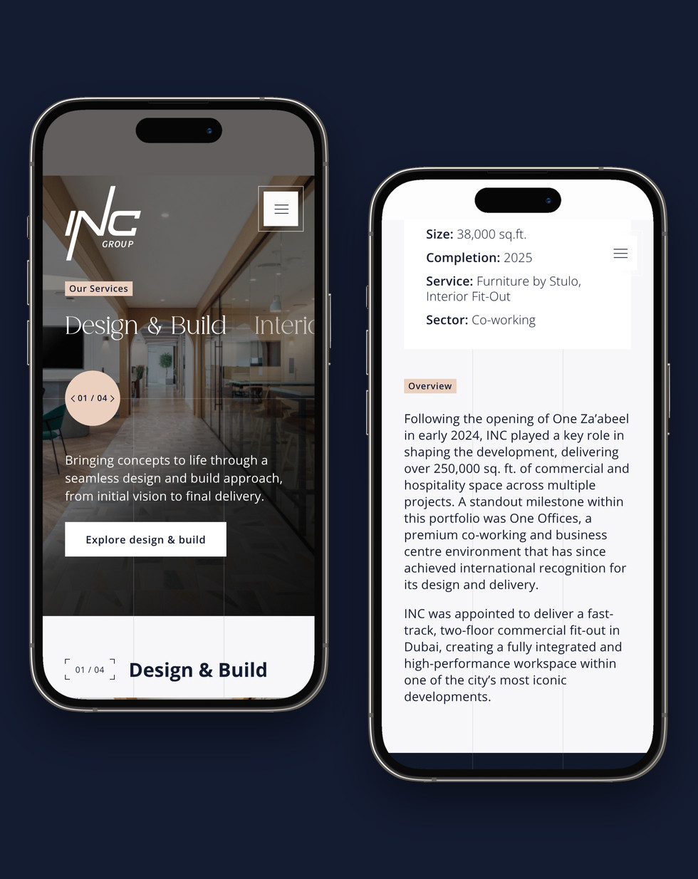 INC services and project pages on two iPhones