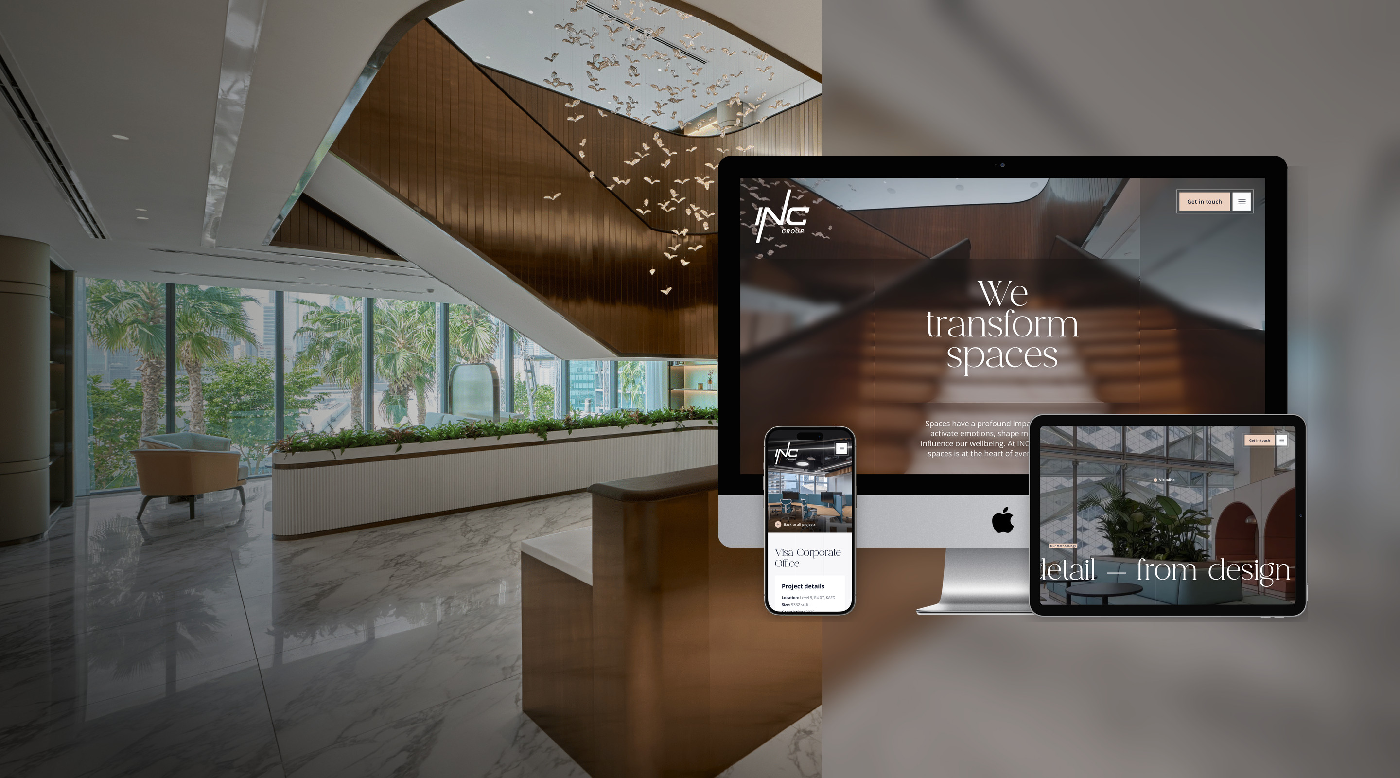INC Group website on an iMac, iPad and iPhone in front of an INC office interior