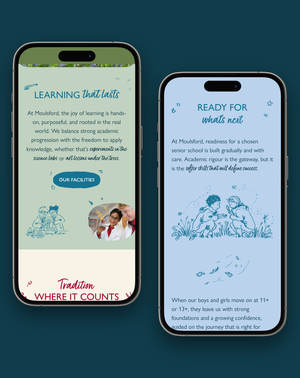 Moulsford homepage sections on two iPhones