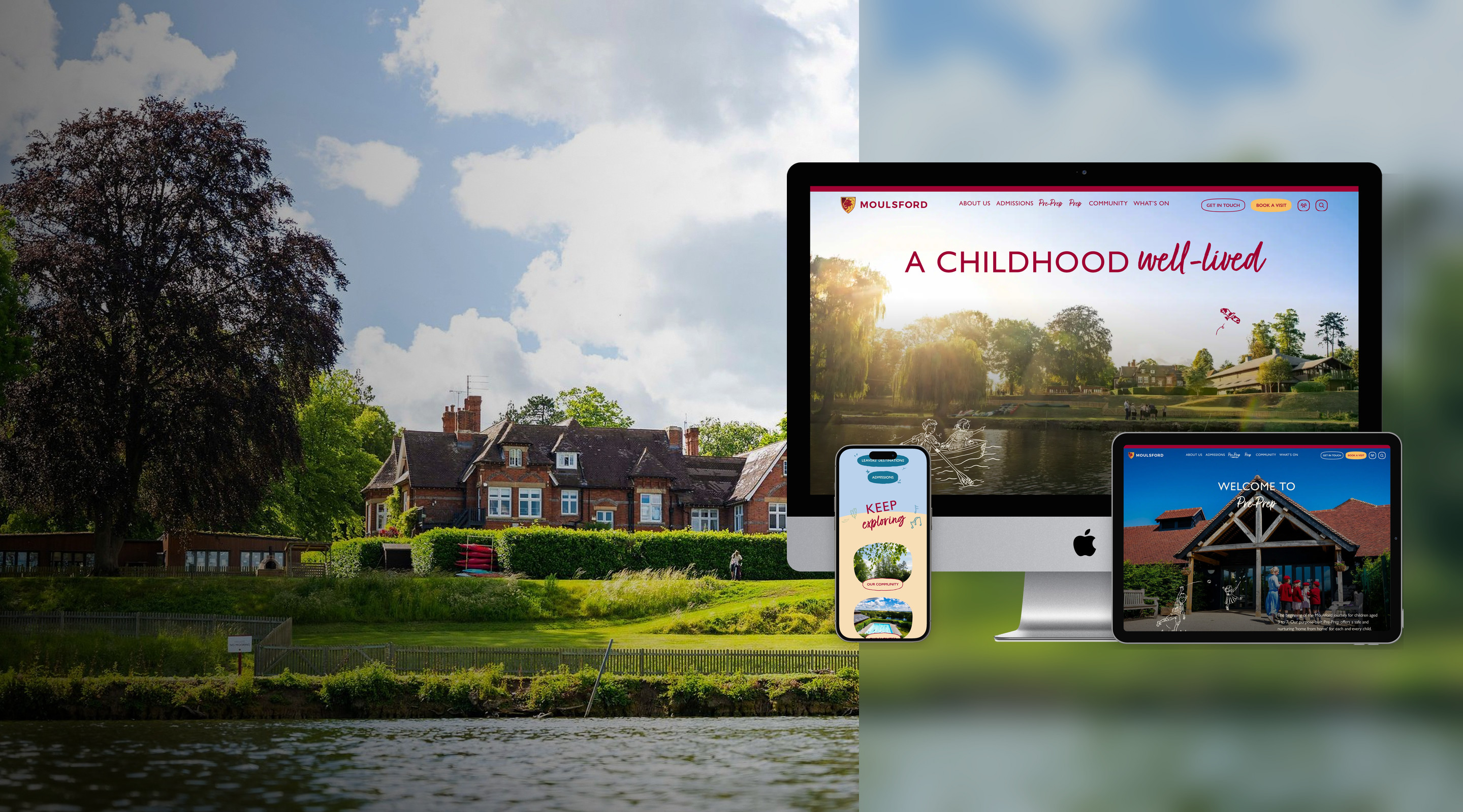 Moulsford Prep School website on an iMac, iPad and iPhone beside the school on the River Thames
